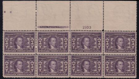 US 325 Early Commemoratives LH F-VF Wide Top Plate Block Of 8
