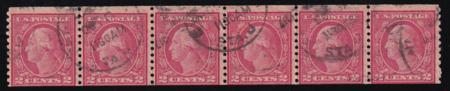 US 488 Washington/Franklin Used AVE-F Strip Of 6, Few Weaker Perfs Nicely Cancelled 1917