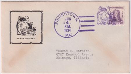 US Pennsylvania  Fishertown 726 Fancy Cancel Cover  Fish Fisherman  Boat