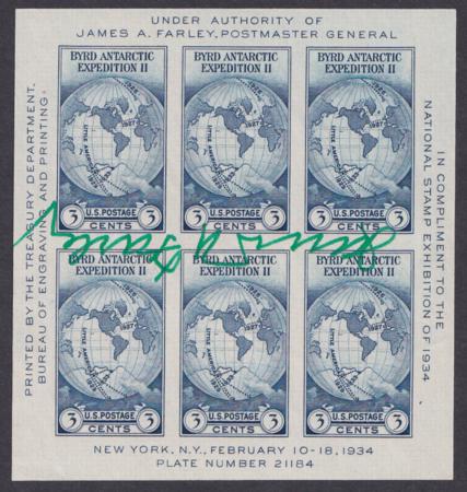 US 1934 Scott #735 S/S  Signed by James Farley, PMG