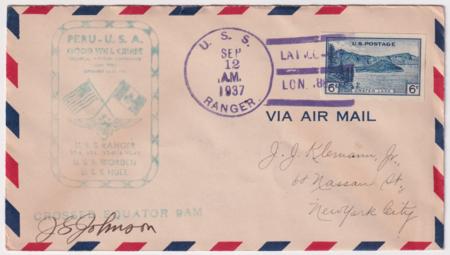 US 1937 Scott  761 Farley Issue on U.S.S. Ranger Cover Signed by Jesse G. Johnson, Rear Admiral