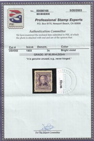 US 302 US Bureau and Regular Issues  PF & PSE Cert XF-90