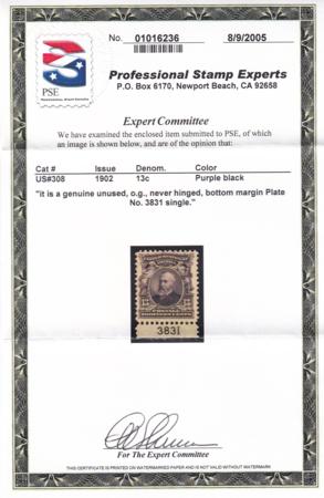 US 308 US Bureau and Regular Issues  With PSE Cert: MNH (LH in Selvage) Plate 3831 Single