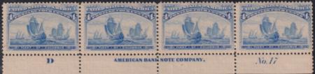 US 233 US Early commemoratves Plate Strip Of 4, Fresh Og, Hinged On 3 Mint F - VF $325