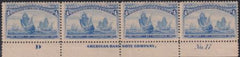 US 233 US Early commemoratves Plate Strip Of 4, Fresh Og, Hinged On 3 Mint F - VF $325