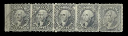 US Classics 36 Strip of 5, Po91-5R1 Left stump missing Perf Used F-VF