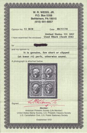 US Classics 36 Rare Block of 4, some clipped Perfs LR, o/w nice. Weiss Cert Used F-VF