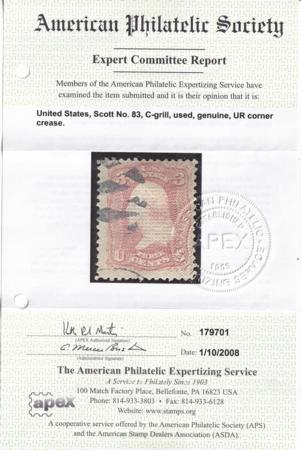 US Classics 83 "C" gill light cancel - UR minor corner crease, APS Cert Used Fine