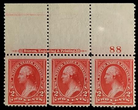 US Bureau and Regular Issues 250 Top Margin Plate # Strip, short perf. Dark carmine shade Mint