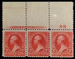 US Bureau and Regular Issues 250 Top Margin Plate # Strip, short perf. Dark carmine shade Mint