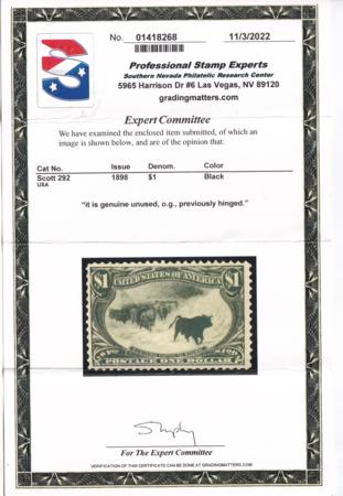 US Early commemoratives 292 Fresh - Brilliant Impression PSE Cert. Hinged F-VF