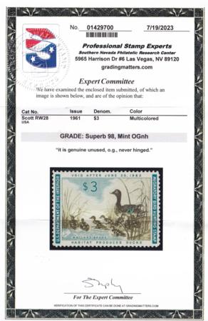 US Federal Duck Stamps # RW28 New PSE 98 Cert