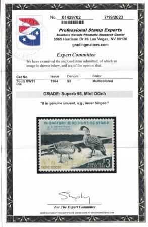 US Federal Duck Stamps # RW31 New PSE 98 Cert