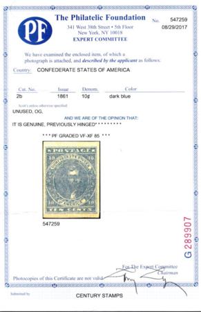 US Confederate States of America #2b Mint LH VF-XF Dark Blue, Patterson Printing, 4 Large Margins, Nice, Heavily Inked Impression, Fresh OG, PF 85 Cert, Spectacular! Est. $850