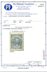US Confederate States of America #2b Mint LH VF-XF Dark Blue, Patterson Printing, 4 Large Margins, Nice, Heavily Inked Impression, Fresh OG, PF 85 Cert, Spectacular! Est. $850