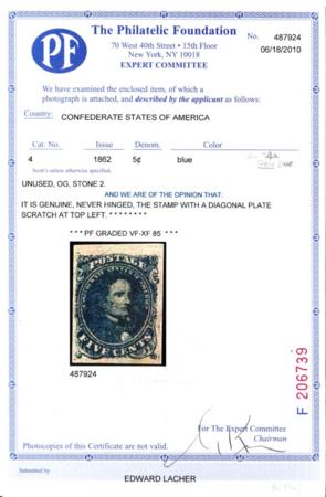 US Confederate States of America #4a Mint NH VF-XF Top Sheet Margin, PF 85 Cert + APS Cert notes pos 6 noted on QF Cert Unlisted Plate Scratch UL Est SMQ $725