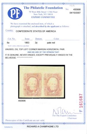 US Confederate States of America #8a Mint XF-Superb Pale Red Paid, Pristine OG, Left Stamp would be a truly superb Jumbo single est SMQ $600
