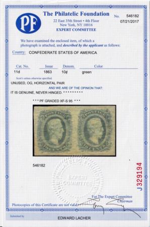 US Confederate States of America #11d Mint NH Superb, Spectular Green Pair Pristine OG NH, PF Cert 95 Would easily make a superb single est. SMQ $500