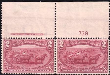 US Early Commemoratives #286 Mint Hinged VF Well-Centered top Plate numbver strip Cat Value $60