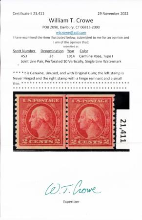 US George Washington and Ben Franklin #453 Mint F-VF Line pair, Left NH, Right Thin speck LH Crow Cert. Left Stamp NH VF 85 Jumbo SMQ450  Cat Value for lot 675