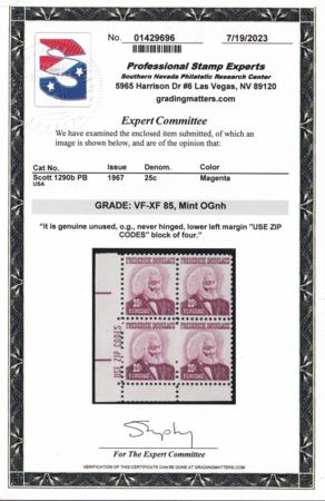 US Modern  #1290b Mint NH VF-XF Magenta shade zip block New PSE 85 cert Cat Value $100
