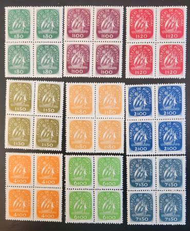 Portugal #702-710  NH VF Caravel, complete in blocks of 4 , 1x #709 with gum strip Cat Value  $1700