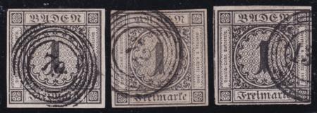 German States - Baden #6 USED VF , 3  diff numeral cancels  Cat Value  $27.50