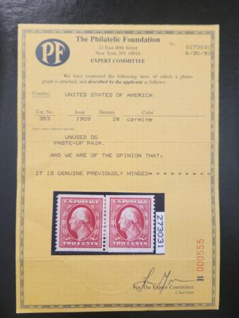 US Washington - Franklin #353 MINT LH VF Pair, PF Cert. looks NH Cat Value  $600