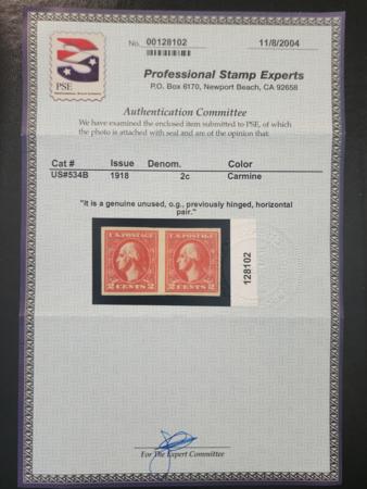 US Washington - Franklin #534B MINT VF LH 2004 PSER and 2023 PF certs Fresh 5000 or left stamp 2700, Right stamp 2300 Cat Value  $5250