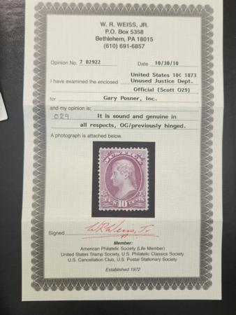 US Officials #O29 MINT F - VF LH Weiss cert - very fresh Cat Value  $310