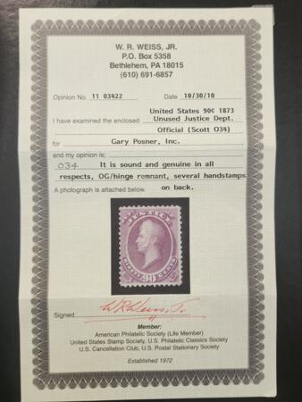 US Officials #O34 MINT F+ Hinge Remnant otherwise Fresh