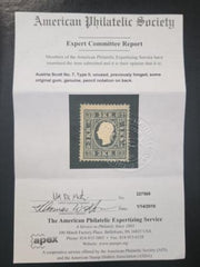Austria #7 MINT F - VF Hinged, Very Fresh, large part OG APS cert Cat Value  $2500