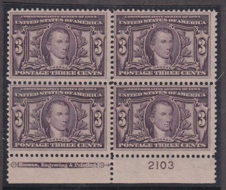 US Early Commemoratives #325 MINT F NH plate block of 4, with imprint Type 5 Cat Value  $1050