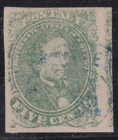 US Confederates #1 USED VF - XF Dark Green, 4 margins