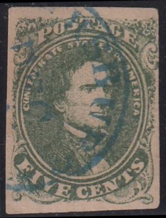 US Confederates #1c USED VF Live Green, 4 margins (3 large) nice blie CDS cancel "hsBurg" Cat Value  $260