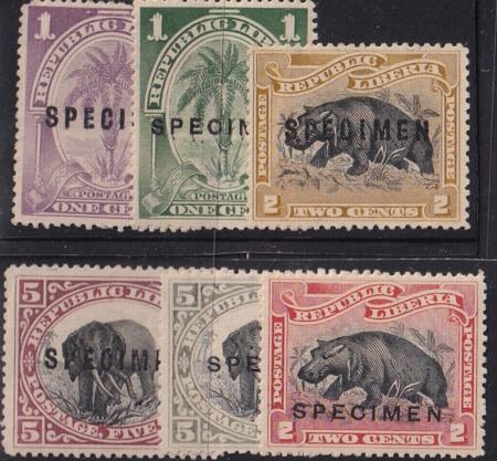 Liberia #54//63 var  6 values Hinged with specimen Overprint