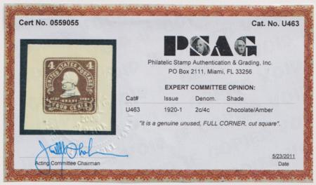 US Postal Stationery and Cut Squares #U463 MINT    XF  FC  PSAG Cert  Cat Value: $750