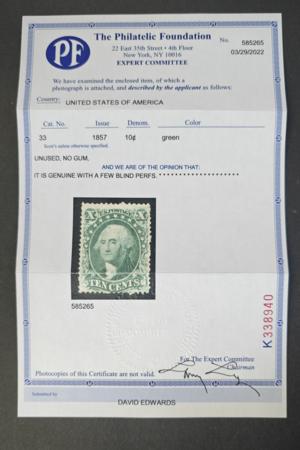 US Classics #33 Mint NG F Sound. Cert mentions a few natural blind perfs, very fresh for this scarce unused stampCat Value: $2000