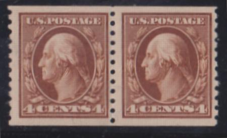 US Washington - Franklin #446 Hinged F - VF 4c perf 10 coil pair, Sound, lightly Hinged Cat Value: $300