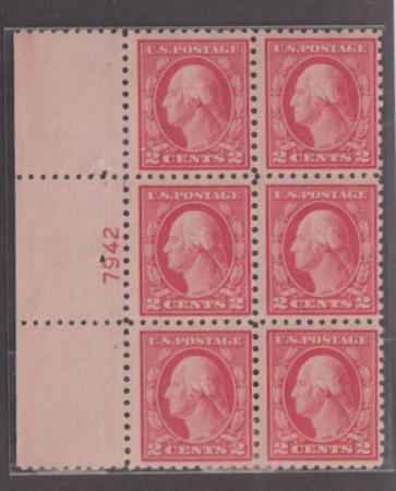 US Washington - Franklin #463 NH F - VF Left Side Plate Block Plate 7942 Plate 7942 is source of 5c carmine error #463 Spot in selvage at upper left Cat Value: $250