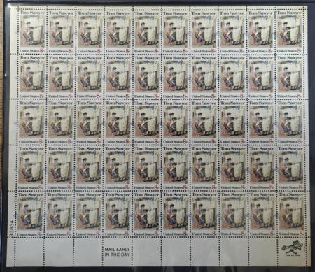 US Modern #1470 NH VF 8c Tom Sawyer pane of 50 Dramatic shift of blue and rose red impressions Extra width allows for part of rose red in right margin