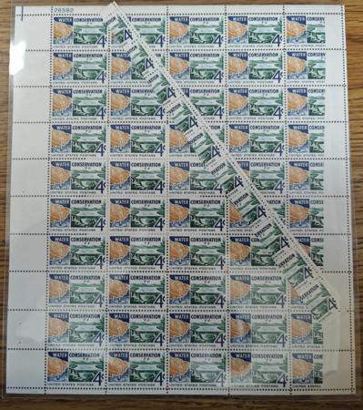 US Modern #1150 1960 water conservation issue, full upper left pane of 50 with partly unprinted right vertical column. Embossed imaged of missing color appear in unprinted portion. Includes segment at overlapping pane causeing this to happen. Unique