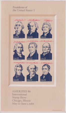 US Modern #2216q var   Ameripex '86 Miniature sheet, Presidents of the United States: I double impression of red with additional 26mm tagging shift to right Nos 1,4,7 partially tagged with 2021 PF Cert rare! Cat Value: $600+