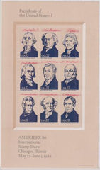 US Modern #2216q var   Ameripex '86 Miniature sheet, Presidents of the United States: I double impression of red with additional 26mm tagging shift to right Nos 1,4,7 partially tagged with 2021 PF Cert rare! Cat Value: $600+