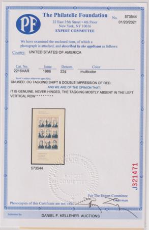 US Modern #2216q var   Ameripex '86 Miniature sheet, Presidents of the United States: I double impression of red with additional 26mm tagging shift to right Nos 1,4,7 partially tagged with 2021 PF Cert rare! Cat Value: $600+