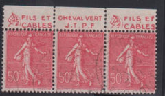 France Sc 146var #YV199a Used F strip of 3 with ads (Horse) Cat Value: $7/E6.00