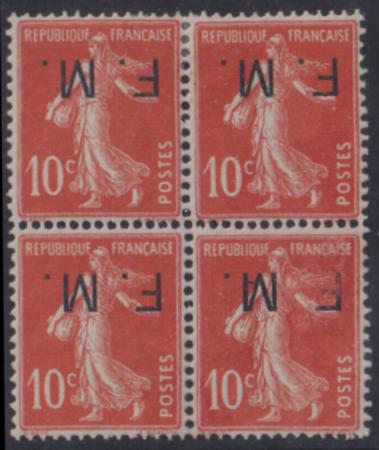 France #M5a LH F - VF Inverted overprint Sc M5a $105 each stamp, $300 for block, Cat Value: $140/130 each stamp