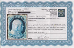 US Classics #23 Unused VF 1c Blue 1857 Type IV position 32 L 1L (2 thin spots) With Richard Doporto Certifcate Cat Value: 4250