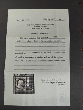 US Classics #9 Mint F - VF unused, No gum 3 large Margins with PF Cert as genuine Cat Value: $280