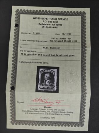 US Classics #39 Mint F - VF No gum, Weisz Cert Cat Value: $1400 as no gum